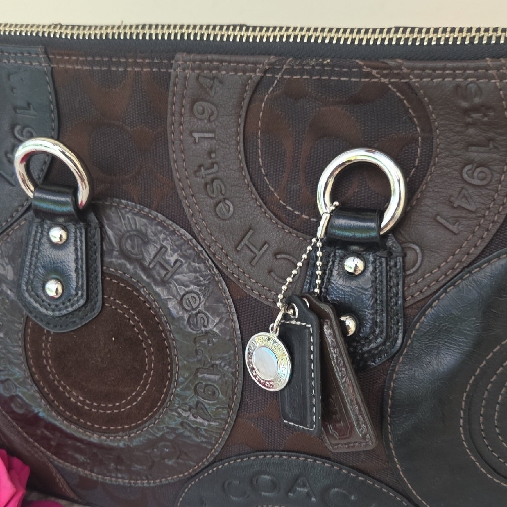 Coach Optic Black Brown Leather Shouder Bag Purse - Picture 6 of 16
